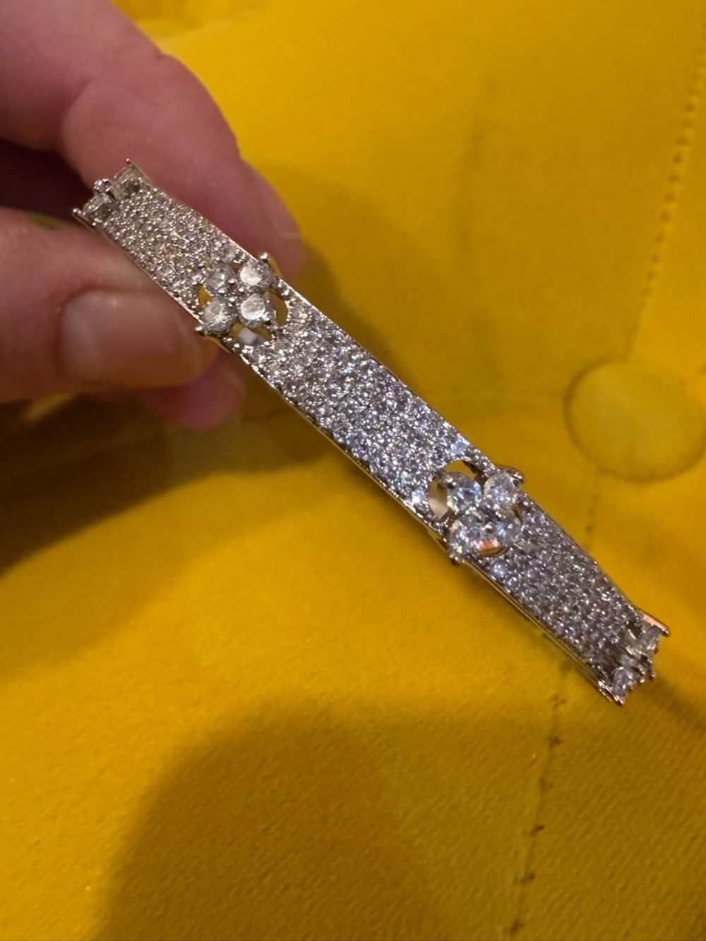 Silver Tone Pavé Crystal Hinged Bangle Bracelet | Floral Cluster Sparkle